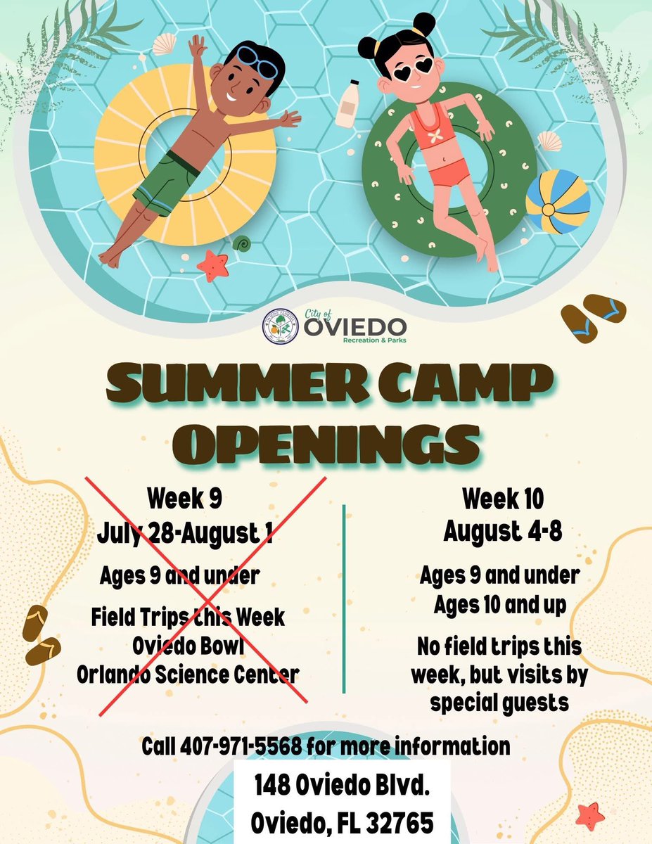 We still have openings for the LAST WEEK of summer camp (August 4-8) ages 9 and under and 10 and up.  Contact the Gym and Aquatic Facility at 407-971-5568.