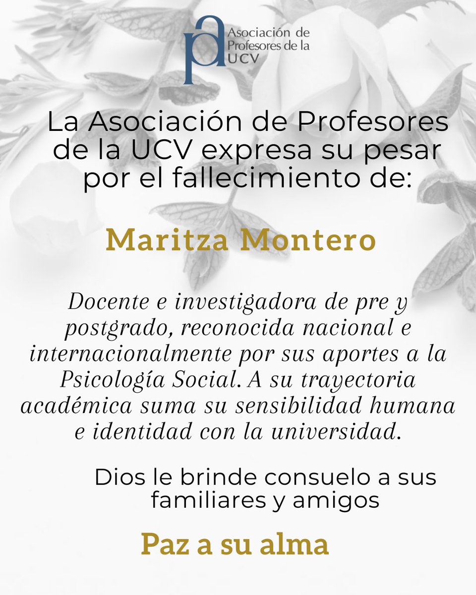 APUCV's tweet image. Lamentamos informar el fallecimiento de la profesora Maritza Montero. Paz a su alma.
#UCV #obituario #Profesores