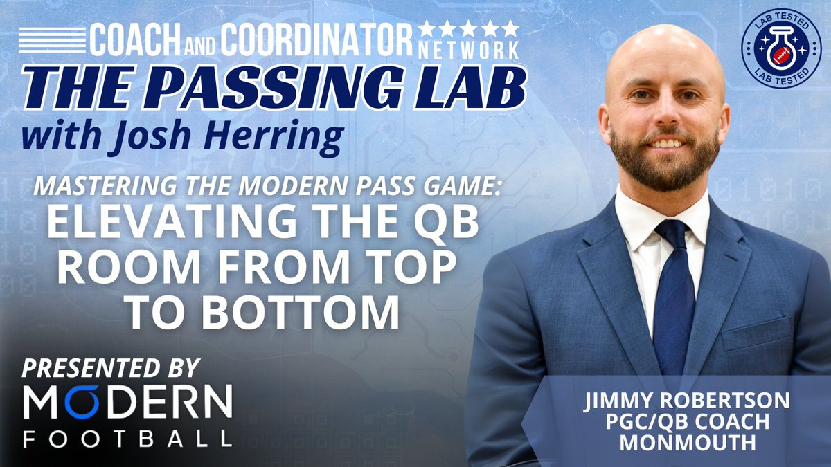 CoachKGrabowski's tweet image. 🚨 New episode alert! 

On The Passing Lab, @joshherring1 sits down with Monmouth’s @JimRobertsonQB to break down their high-powered offense — from RPOs to four verticals, coaching family dynamics, and QB communication. @modernFB 

A must-listen for any play caller or QB! 🎙️👇…