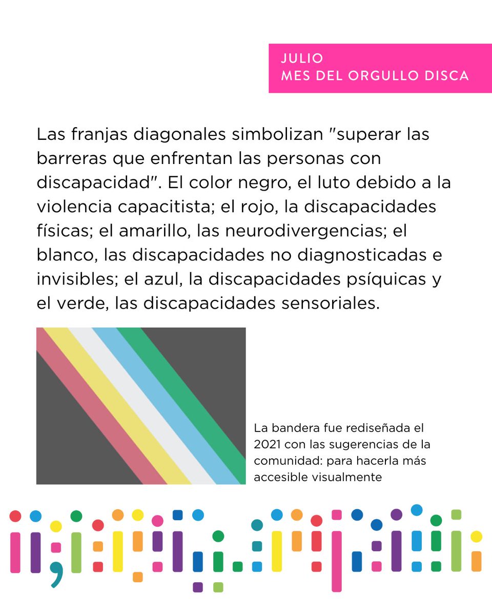 Núcleo DISCA (@nucleodisca) on Twitter photo ¿Qué es lo que más te enorgullece de ser disca?
El orgullo disca se celebra este mes en conmemoración de la Ley de Estadounidenses con Discapacidades (Americans with Disabilities Act, ADA). Y su bandera representa la lucha e identidad de las personas con discapacidad. ¿Qué es lo que más te enorgullece de ser disca?
El orgullo disca se celebra este mes en conmemoración de la Ley de Estadounidenses con Discapacidades (Americans with Disabilities Act, ADA). Y su bandera representa la lucha e identidad de las personas con discapacidad.