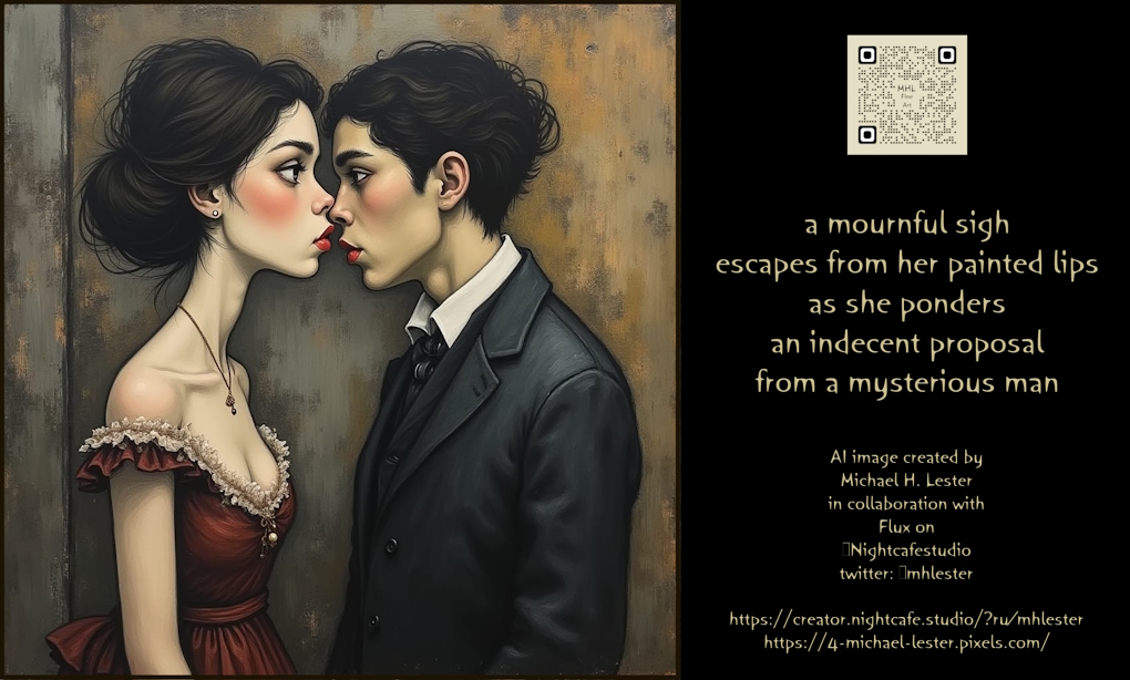mhlester's tweet image. a mournful sigh
escapes from her painted lips
as she ponders
an indecent proposal
from a mysterious man
AI image created by
Michael H. Lester
in collaboration with
Flux on
@Nightcafestudio
creator.nightcafe.studio/?ru=mhlester
4-michael-lester.pixels.com