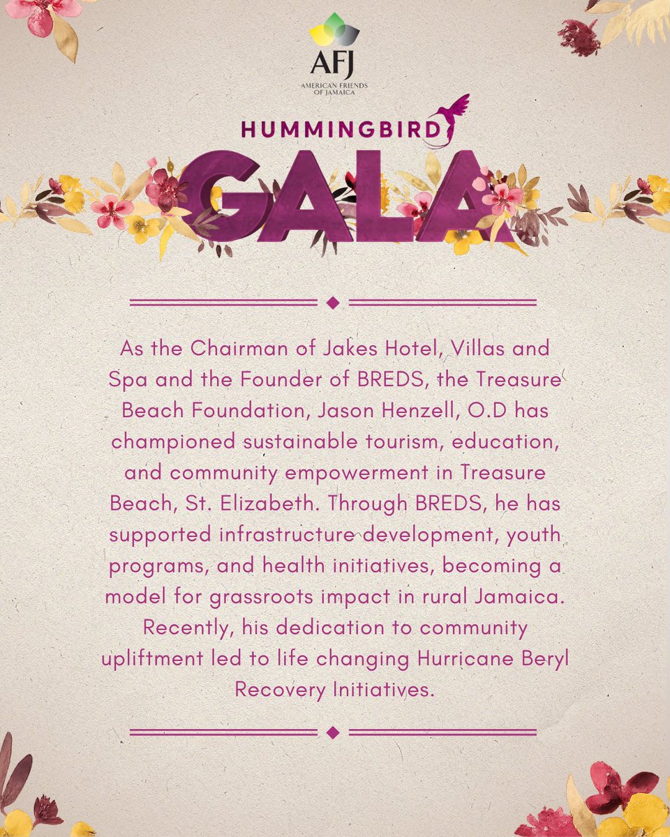 Jason Henzell, O.D., Founder of BREDS, the Treasure Beach Foundation and Chairman of Jakes Hotel will be awarded with the International Humanitarian Award. Join us to celebrate at the Hummingbird Bird Gala on October 10th
For sponsorship and tickets visit: ow.ly/MKPu50WuVXV