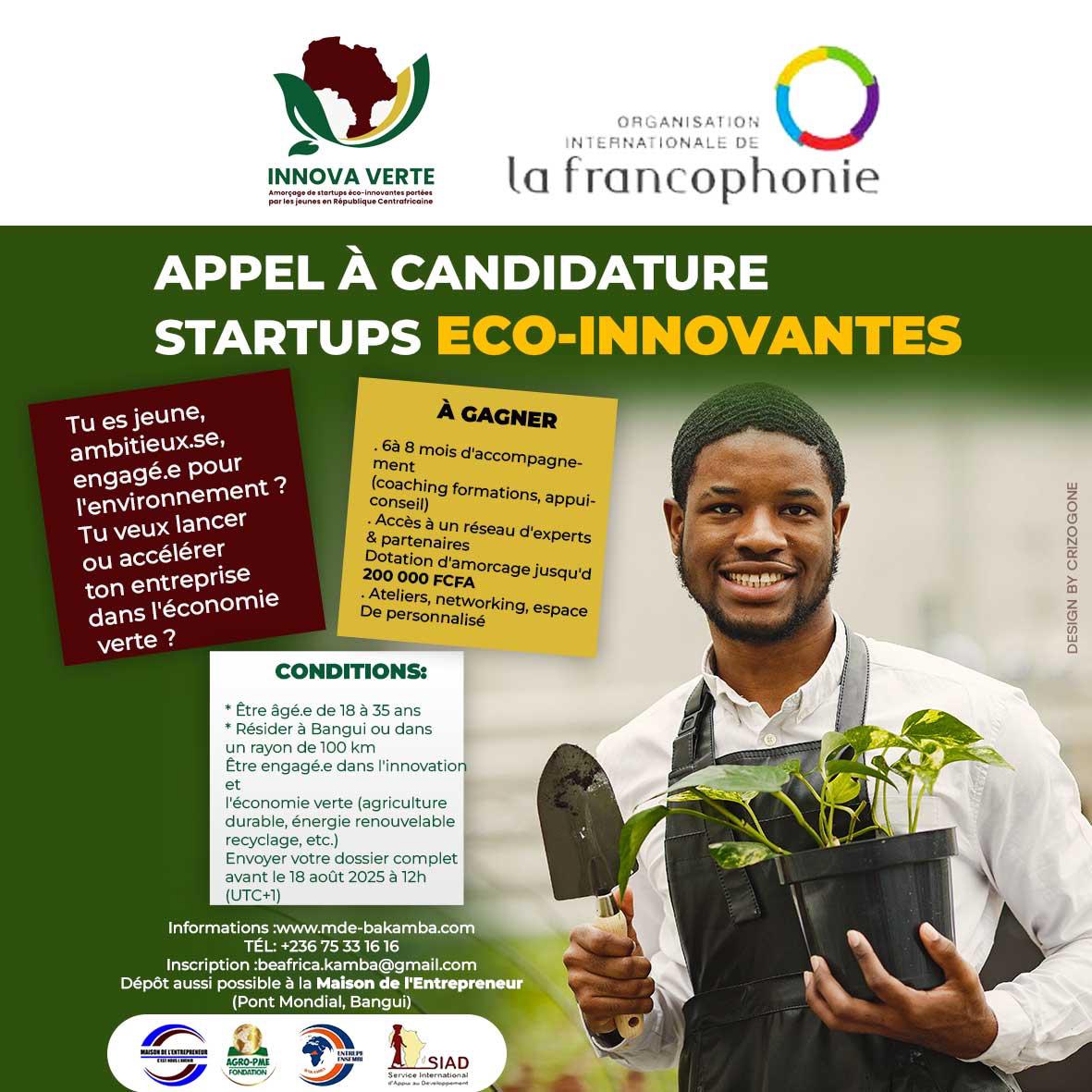 #Opportunuité: Appel à candidature startups éco-invovantes. Vous avez les contacts nécéssaires sur l'affiche. N'hésitez pas de contacter pour plus d'infos.