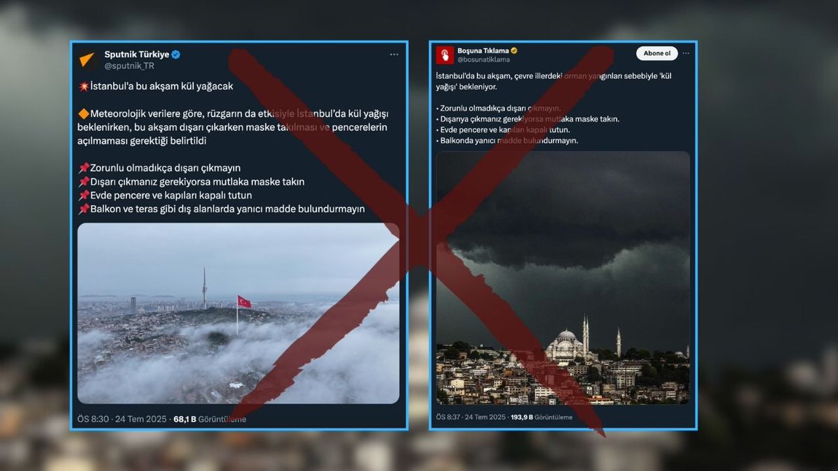 "Çevre illerdeki yangın nedeniyle İstanbul'a kül yağacak" iddiası ⤵️

❌ YANLIŞ

🗣️ Meteoroloji Genel Müdürlüğü AA'ya yaptığı açıklamada iddiayı yalanladı:

👉🏻 İstanbul'da kül yağışı beklendiği iddiası gerçeği yansıtmamaktadır. 

👉🏻 İddialar Bursa Büyükşehir Belediyesi'nin orman