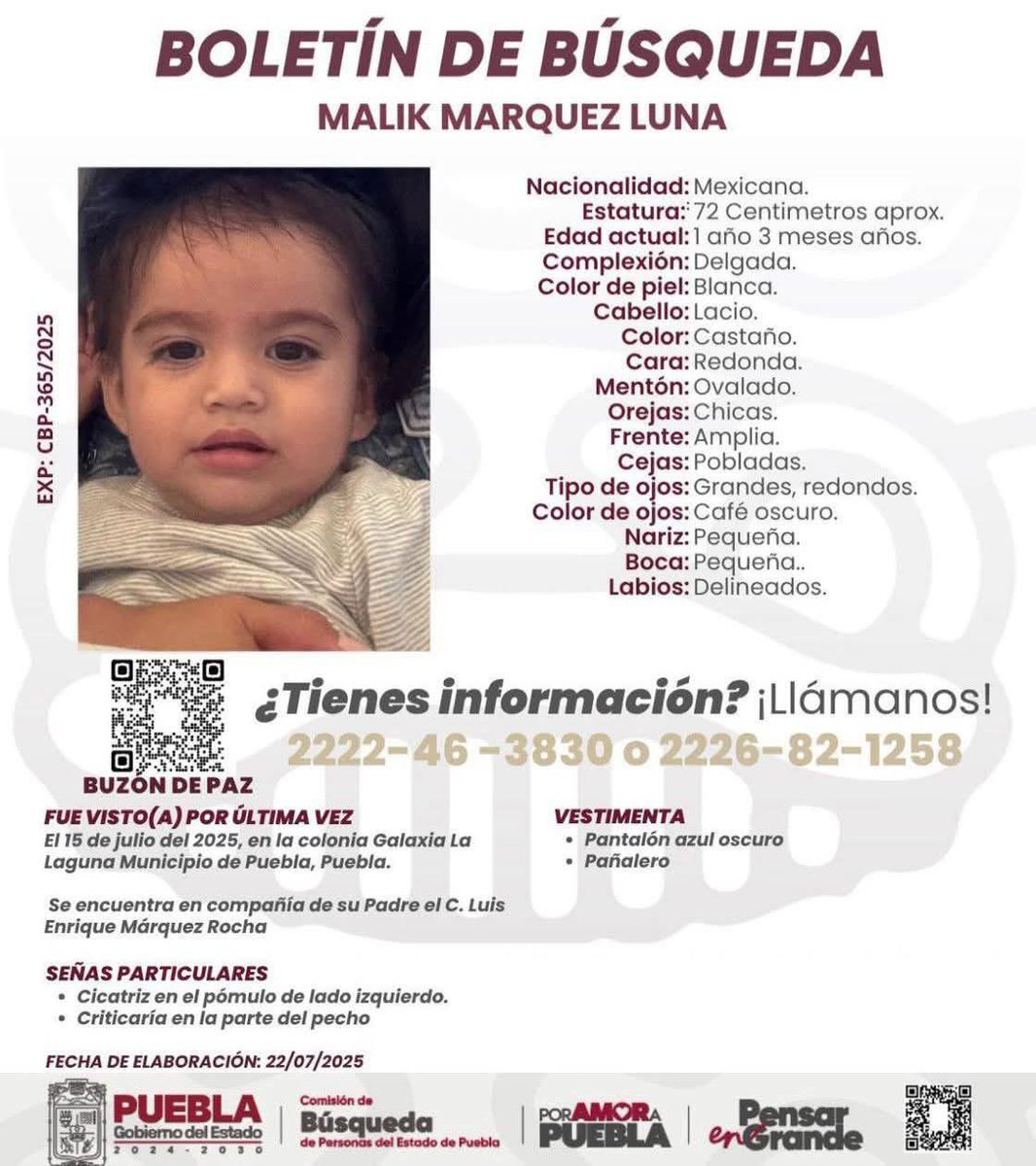 #Puebla | Se solicita su colaboración para la localización de MALIK MÁRQUEZ LUNA. La madre acusa que el pequeño fue sustraído por el padre, Enrique N., quien supuestamente utiliza influencias al interior de la Fiscalía para evitar ser detenido y entregar al menor. #Comparte