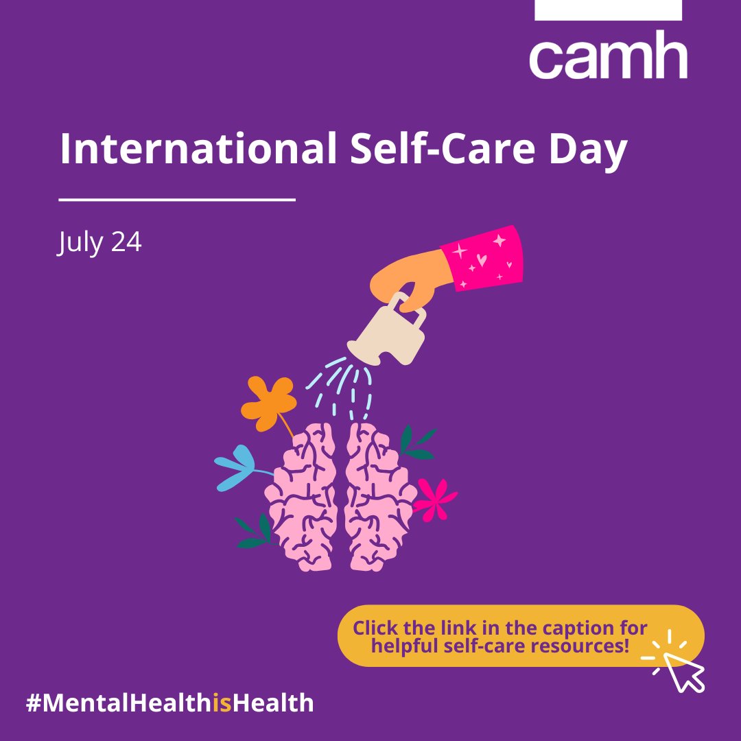 CAMHnews's tweet image. Today is #InternationalSelfCareDay!
This day recognizes the importance of activities that improve #mental and #physical well-being – whether it's taking up a new hobby, getting active or relaxing.
Check out this self-care resource we've put together!
camh.ca/en/camh-news-a…