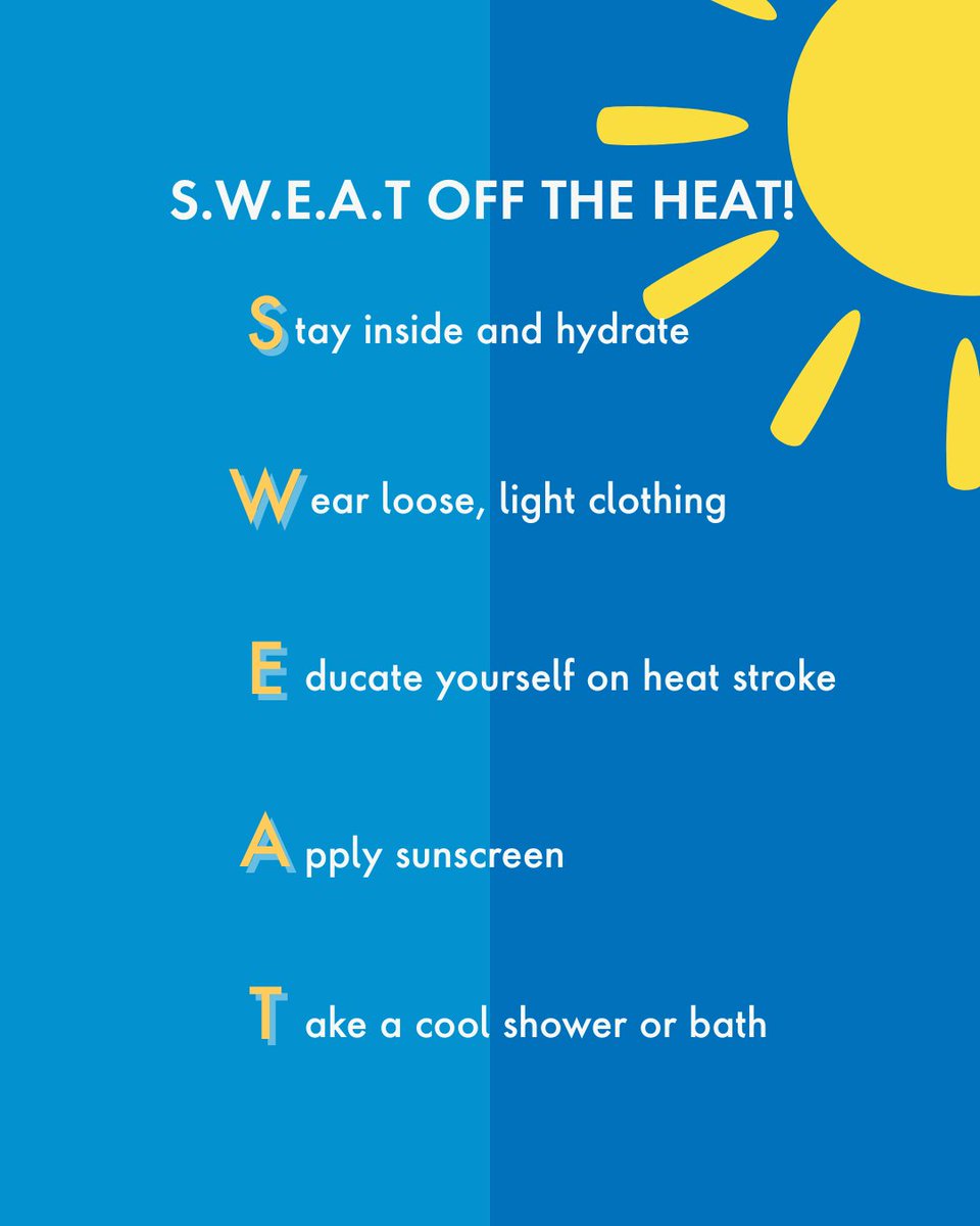 When it’s dangerously hot outside, remember to to S.W.E.A.T. 💧Go inside and bring your pets, stay hydrated and call 9-1-1 if you experience signs of heat stroke or other heat illnesses.