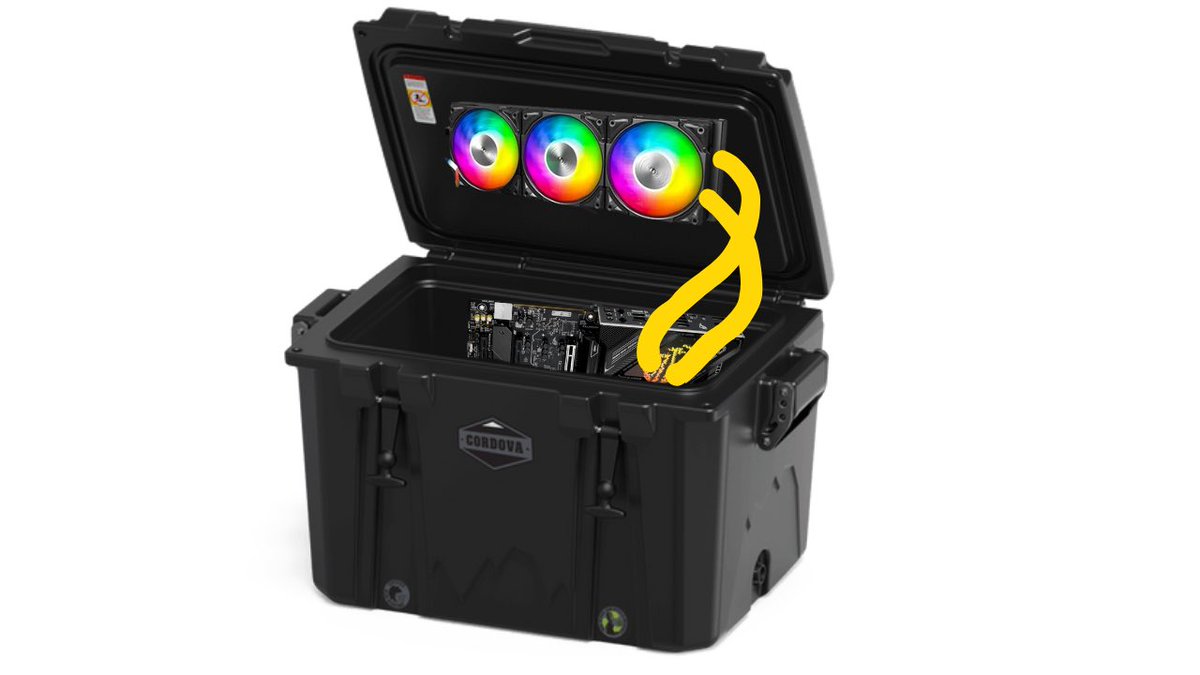 This is a garage beer gaming PC with built in beer cooling kit (see yellow squiggly lines). It’s not done yet but it will be soon and it will be awesome and <a href="/DevonDoesTech/">Devon 🍻</a> is totally insane.