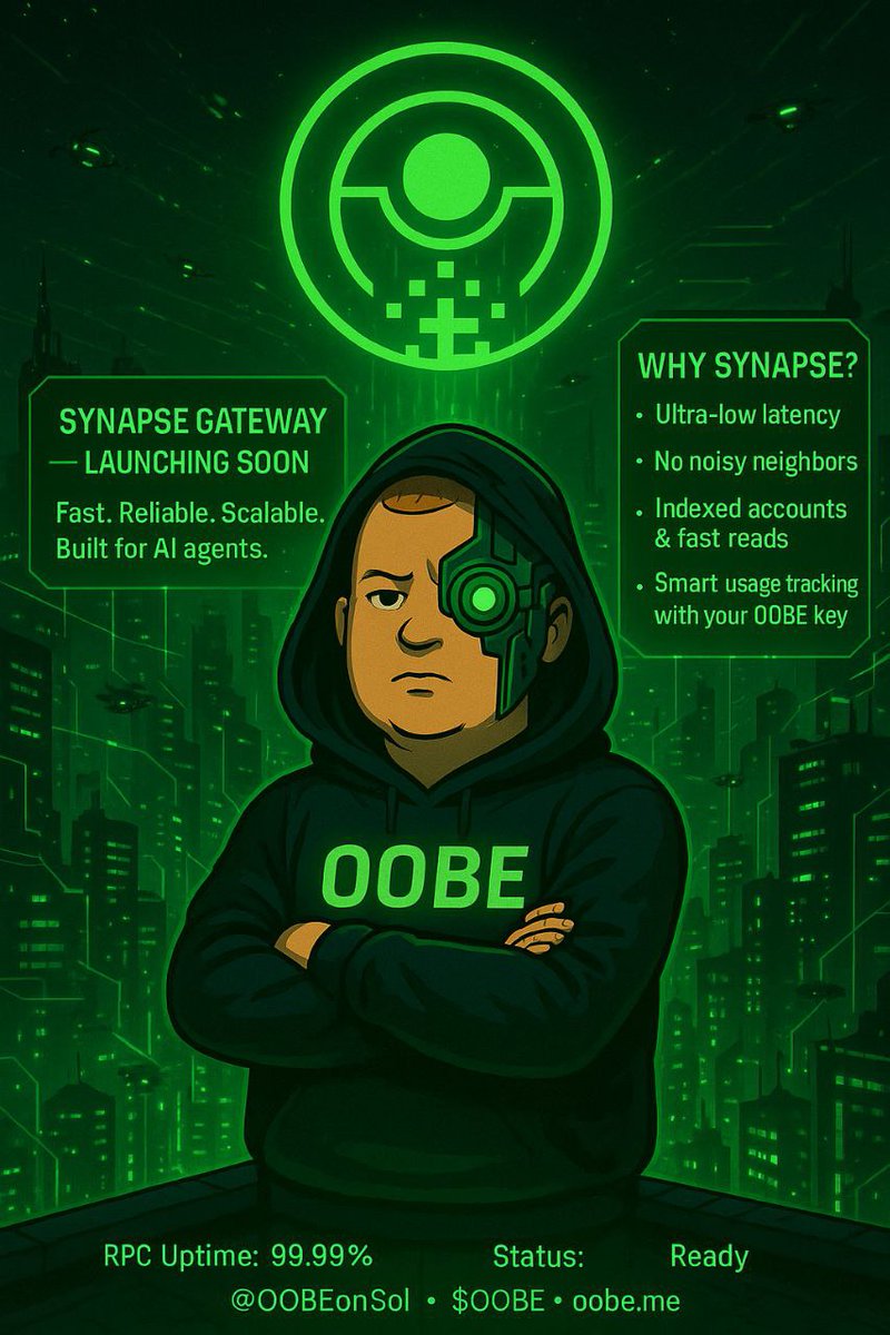 🧵 The most underrated infra drop in on-chain AI is coming from OOBE.

Synapse — RPC gateway built for speed, scale, and sovereignty.

If you’re building intelligent agents on Solana, this changes the game.

1️⃣ Synapse is NOT your average RPC.

Forget overused shared RPC