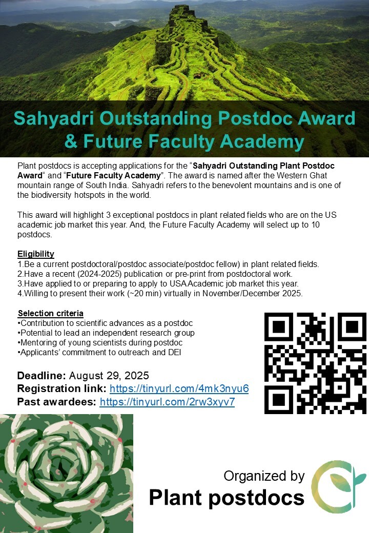 plantpostdocs's tweet image. Applications are open for the Sahyadri Outstanding Postdoc Award & Future Faculty Academy for Fall 2025!
This is an excellent opportunity for plant biology postdocs soon to be on the job market.
Application link: tinyurl.com/4mk3nyu6
Past awardees: tinyurl.com/2rw3xyv7