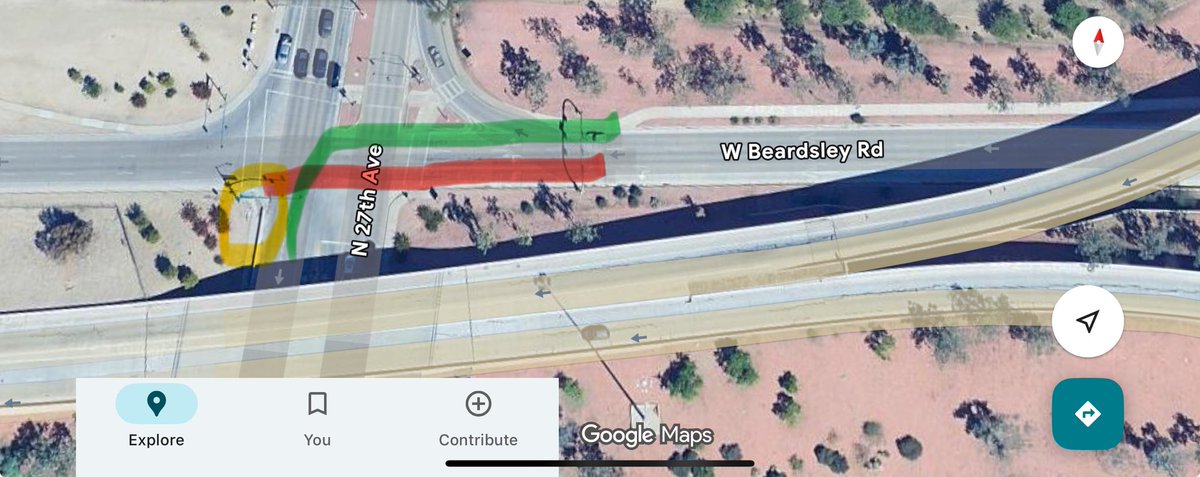 dnado's tweet photo. @ArizonaDOT there is an accident at 27th Ave &amp; W Beardsley Rd 1x/wk &amp; city replaces the K-rail on the SWC 1x/mo. Are there cameras here/has this been looked into? My theory is WB #1 (left turn only) thinks they can go straight and WB #2 (straight or left turn) turns left…BOOM https://t.co/atFgMWYhzd