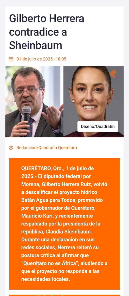 Omar_Castrejon's tweet photo. Morena en #Querétaro ha demostrado una vez más que no le interesa resolver los problemas, sino capitalizarlos políticamente ese es ahora el caso del proyecto "El Batan". 💧♻️

En lugar de sumarse a las soluciones, han optado por sembrar miedo, difundir mentiras y obstaculizar un proyecto que representa la mejor opción técnica, ambiental y social para enfrentar la crisis hídrica más grave de nuestra historia. Su oportunismo es tan peligroso como irresponsable: mientras miles de familias queretanas enfrentan incertidumbre sobre el futuro del agua, ellos prefieren hacer grilla que construir soluciones.

Llevamos más de dos meses de lluvias continuas en #Querétaro, algunas de ellas en forma de tormentas torrenciales de volumen históricamente alto. Las presas están cerca de su capacidad máxima, e incluso se prevén desfogues en la presa de Zimapán, que abastece al sistema Acueducto II. Y aunque en este momento pudiera parecer que el abasto de agua no es un problema, la realidad es alarmante: Querétaro es hoy el segundo estado con mayor estrés hídrico en todo México. El 60 % del agua que consumimos proviene de acuíferos sobreexplotados, el 40 % restante depende de Hidalgo, y otro 40 % del total se pierde en desperdicios y fugas. Así de grave es la situación.

El Proyecto El Batán surge como una respuesta técnica, visionaria y responsable para garantizar agua potable durante los próximos 30 a 50 años. Sin embargo, no sorprende que Morena, fiel a su guion de sabotaje sistemático, haya decidido politizar un tema que debería unirnos como sociedad.

El Batán no es un capricho, es una necesidad. Está basado en tecnología de punta, con procesos de tratamiento que cumplen y superan las normas nacionales e internacionales. La Conagua, dependencia del gobierno federal, debe por ley asegurar que toda agua suministrada a la población cumpla con dichas normas, por lo que el agua del proyecto es limpia y muy segura para el uso humano. No solo garantiza acceso a agua segura para cientos de miles de familias, sino que también reduce la sobreexplotación de los acuíferos, combate la contaminación, promueve la economía circular y moderniza nuestra infraestructura hidráulica para la zona metropolitana, a la que llegan diariamente 160 familias huyendo de otras entidades donde no encuentran seguridad, oportunidades laborales ni calidad de vida.

Tenemos 8 de 11 acuíferos en estado crítico, ríos contaminados y un consumo creciente por el desarrollo urbano e industrial. El reto está en anticiparnos a los años secos que vendrán con soluciones estructurales y duraderas. 

¿Y qué hace Morena? En lugar de proponer soluciones, siembran miedo, desinforman y boicotean. Hablan de “privatización” ignorando (o fingiendo ignorar) que las APP son esquemas exitosos en el mundo, que permiten inversión sin endeudar al Estado ni subir tarifas. Alegan “falta de transparencia” cuando la información técnica ha sido pública y ampliamente explicada. Exigen agua, pero se oponen al proyecto que puede llevarla a quienes más la necesitan.

La hipocresía de Morena es ofensiva. Politizan el tema del agua en Querétaro porque no pueden tolerar que un gobierno del PAN esté resolviendo lo que ellos, en los lugares donde gobiernan, solo agravan, afectando a la población más vulnerable. Basta recordar los ruines episodios en alcaldías, municipios y comunidades con meses de desabasto, y el suministro de agua con gasolina y heces fecales. Irónicamente, eso que difunden como una vil mentira en Querétaro, es algo que ellos sí han hecho.

Las opciones para solucionar la crisis hídrica en Querétaro son pocas, y el proyecto El Batán es la mejor, la más sustentable y la más viable de acuerdo a los expertos y a la Conagua. Es necesario y urgente aprobar e implementar este proyecto. Lo que no es viable es seguir permitiendo que Morena convierta el agua en una bandera de oportunismo, en lugar de una causa que asegure la sustentabilidad y el derecho al agua para el futuro de Querétaro.