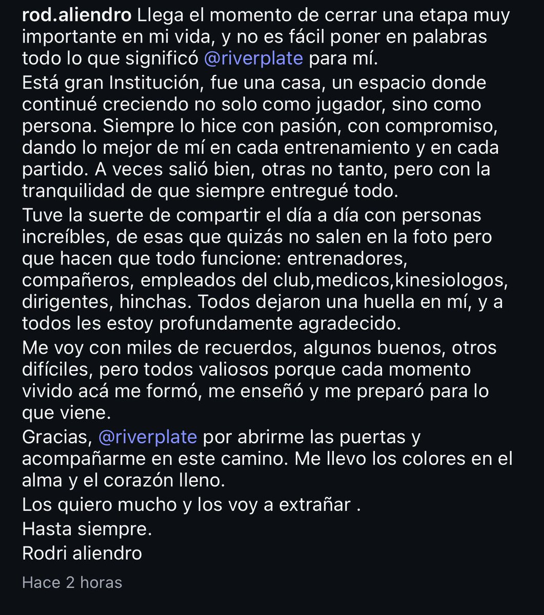 juanbalbi9's tweet image. 🚨 Rodrigo Aliendro rescindió y se despidió en sus redes sociales.
✍️ “Gracias #River por abrirme las puertas y acompañarme en este camino. Me llevo los colores en el alma y el corazón lleno. Los quiero mucho y los voy a extrañar”.
