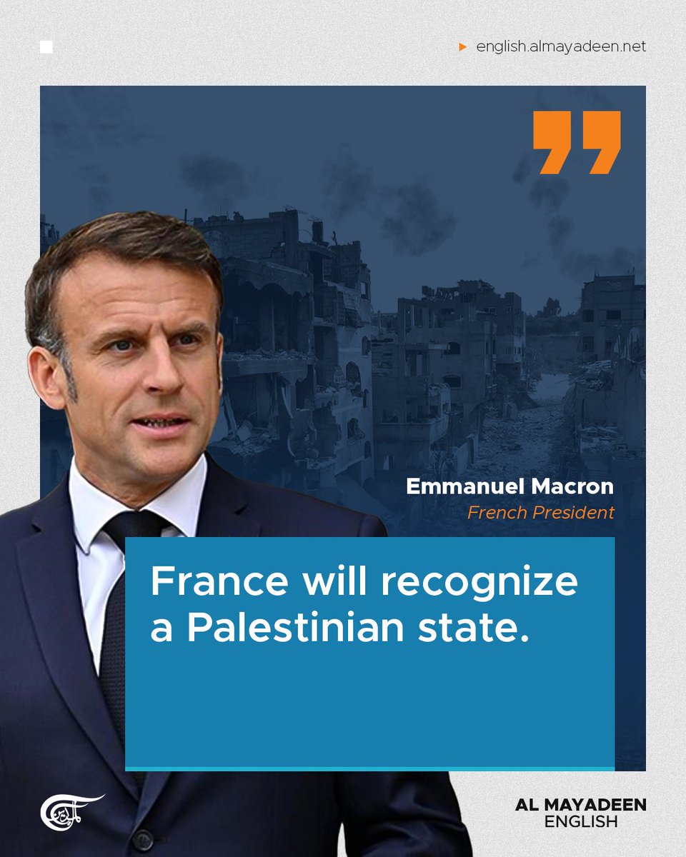 MayadeenEnglish's tweet image. #French President Emmanuel #Macron announced that France will recognize the two-state solution and formally acknowledge the State of Palestine during the United Nations General Assembly in September.
He stressed the urgent need for an immediate ceasefire in #Gaza, the release…