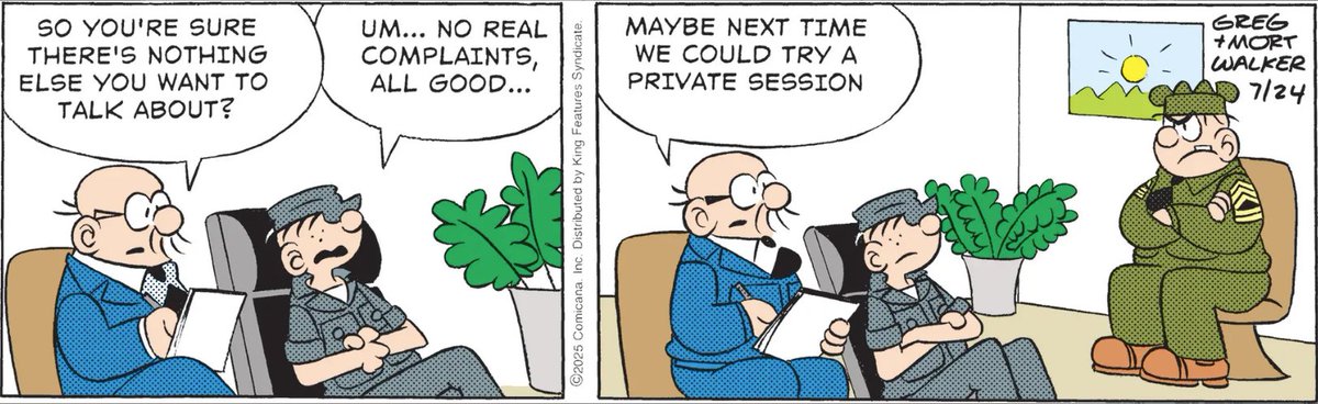 ComicsKingdom's tweet image. When your therapist session feels more like an interrogation. 😅🗒️ #BeetleBailey
