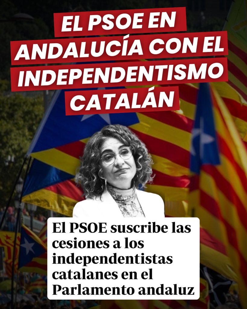 ppandaluz's tweet image. 🔴 ÚLTIMA HORA | El PSOE en Andalucía apoya las cesiones al independentismo catalán.
El independentismo que pretende romper España tiene un aliado con María Jesús Montero.