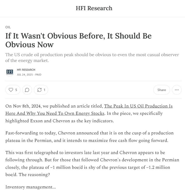 🔎 “Obvious is obvious.”
Permian plateauing. Shale is maturing.
We’re focused on high-margin BOEs, inventory depth &amp; capital discipline.
The tide is turning. We’re ready.
📄 Worth reading: hfir.com/p/if-it-wasnt-…? #oilandgas #equities #investing