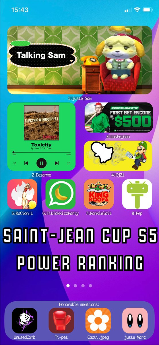 Voici le power ranking de la Saint-Jean Cup Saison 5!  

1- <a href="/exo_Juste_Sam/">Juste_Sam</a>  (Isabelle) 
2- <a href="/DezarmeMoi/">OC | Dezarme</a>  (Kazuya, Minmin) 
3- <a href="/juste_Geo/">juste_Geo_svp</a>  (Ness) 
4- <a href="/Cj21ssbu/">Exo | Cj21</a>  (Luigi) 
5- <a href="/RaCion_L/">RaCion_L</a>  (Ken, Ryu) 
6- <a href="/tiktokrizzpart1/">TiktokrizzpartyR.o.b</a>  (Donkey Kong, ROB) 
7- <a href="/moi_turgeon/">ranklelait</a> (Bowser) 
8- <a href="/Pep_fgc/">Curious | pep</a> (ROB)