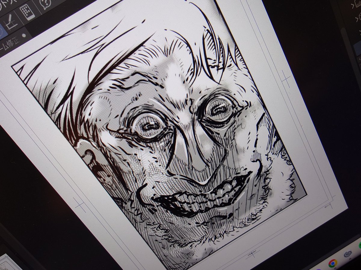 今月の原稿のラストページ
何回描き直してもネームの時の邪悪さが出なかったので最終的にネームの絵を下書きにしてペン入れした
（ネームの線も一部トーン化して残してみてる）
なんか良い感じに気持ち悪くなったので良し！

掲載時はフキダシで顔がそこそこ隠れちゃうので作業中のフキダシ無し版