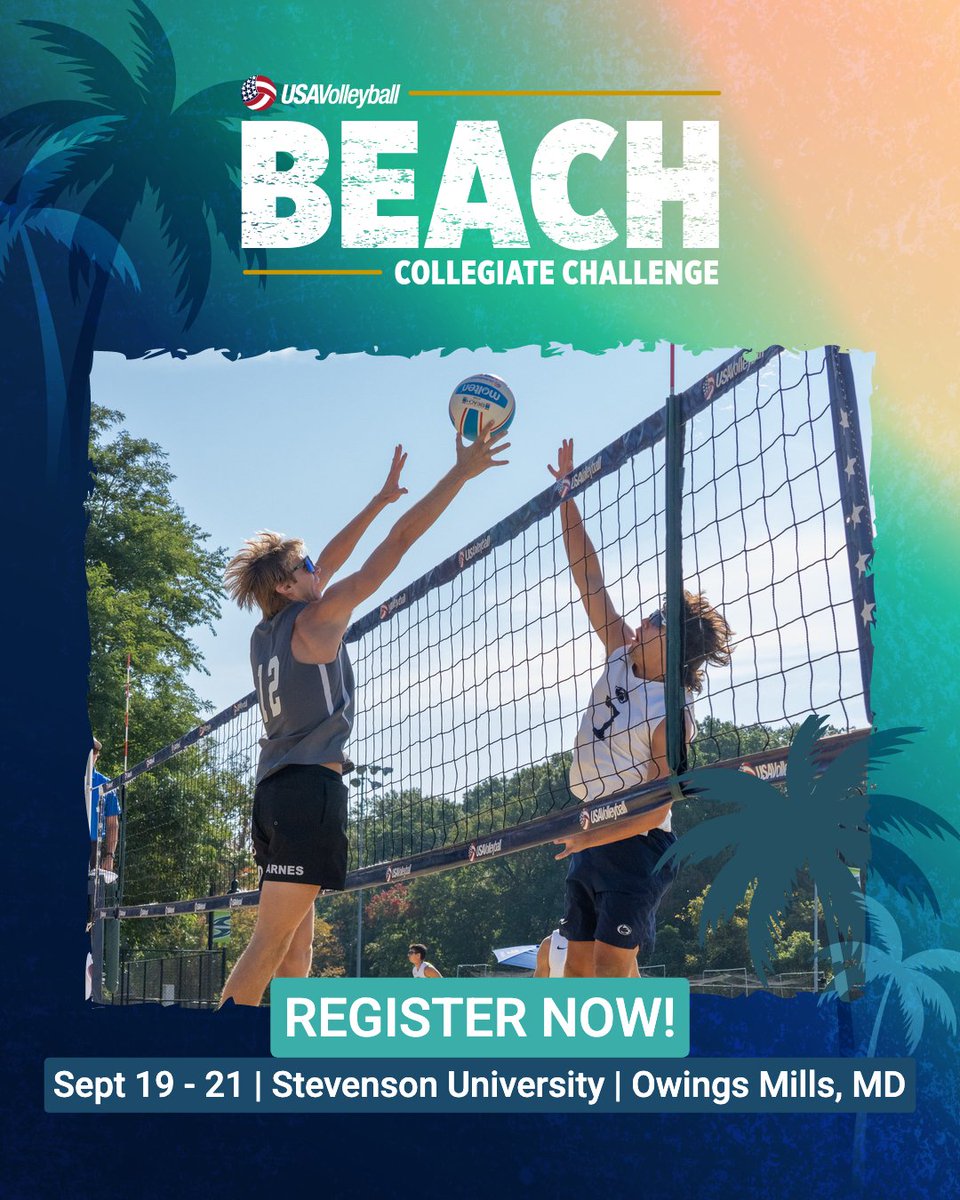 USAVBeach's tweet image. The beach is callingโฆ ๐
The 2025 Menโs Beach Collegiate Challenge is coming to Maryland!
โ
3 guaranteed matches
โ
NTDP exposure
โ
Compete with a partner from any college
๐ Stevenson University | September 19 โ 21
Register NOW ๐: go.usav.org/beachcollegiatโฆ