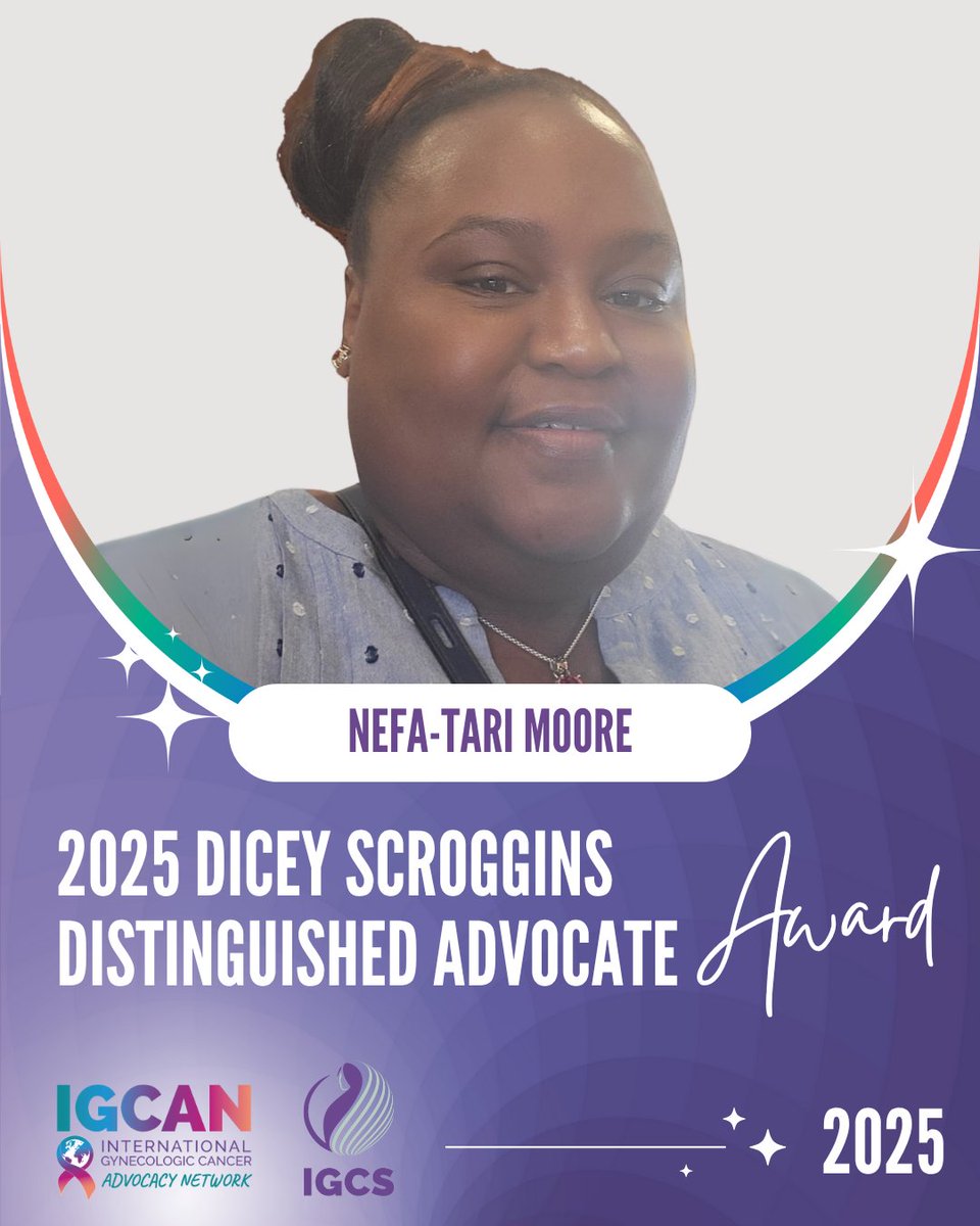 IGCSociety's tweet image. Congratulations to Nefa-Tari Moore!
We are proud to celebrate Nefa-Tari Moore as a 2025 recipient of the Dicey Scroggins Distinguished Advocate Award for her powerful leadership in gynecologic cancer advocacy and health equity. This award is presented by the International…