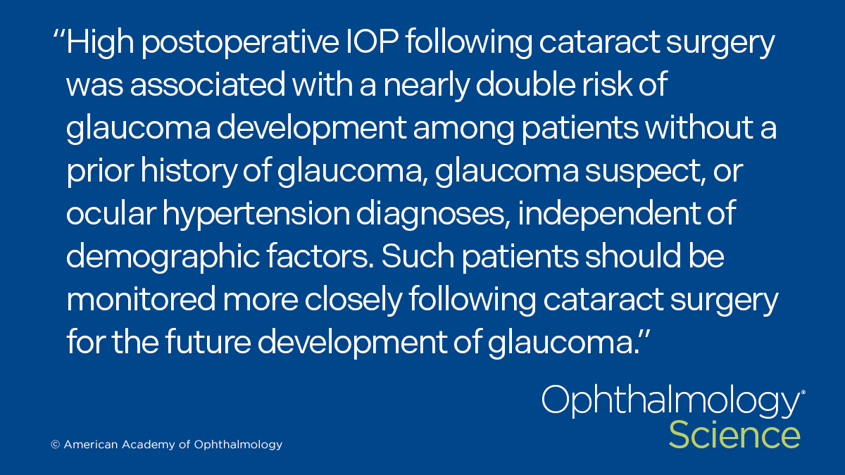 AAOjournal's tweet image. IRIS Registry study found elevated post-operative IOP after cataract surgery in patients without prior glaucoma history is an independent risk factor for future glaucoma development
ow.ly/6Jr150WeThu