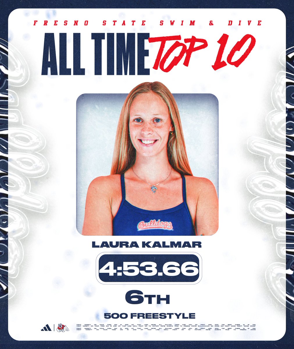 FresnoStateSwim's tweet image. What a season for Laura Kalmar 🤩
Laura earned three spots in the program's all-time top 🔟