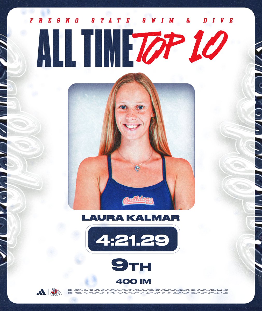 FresnoStateSwim's tweet image. What a season for Laura Kalmar 🤩
Laura earned three spots in the program's all-time top 🔟