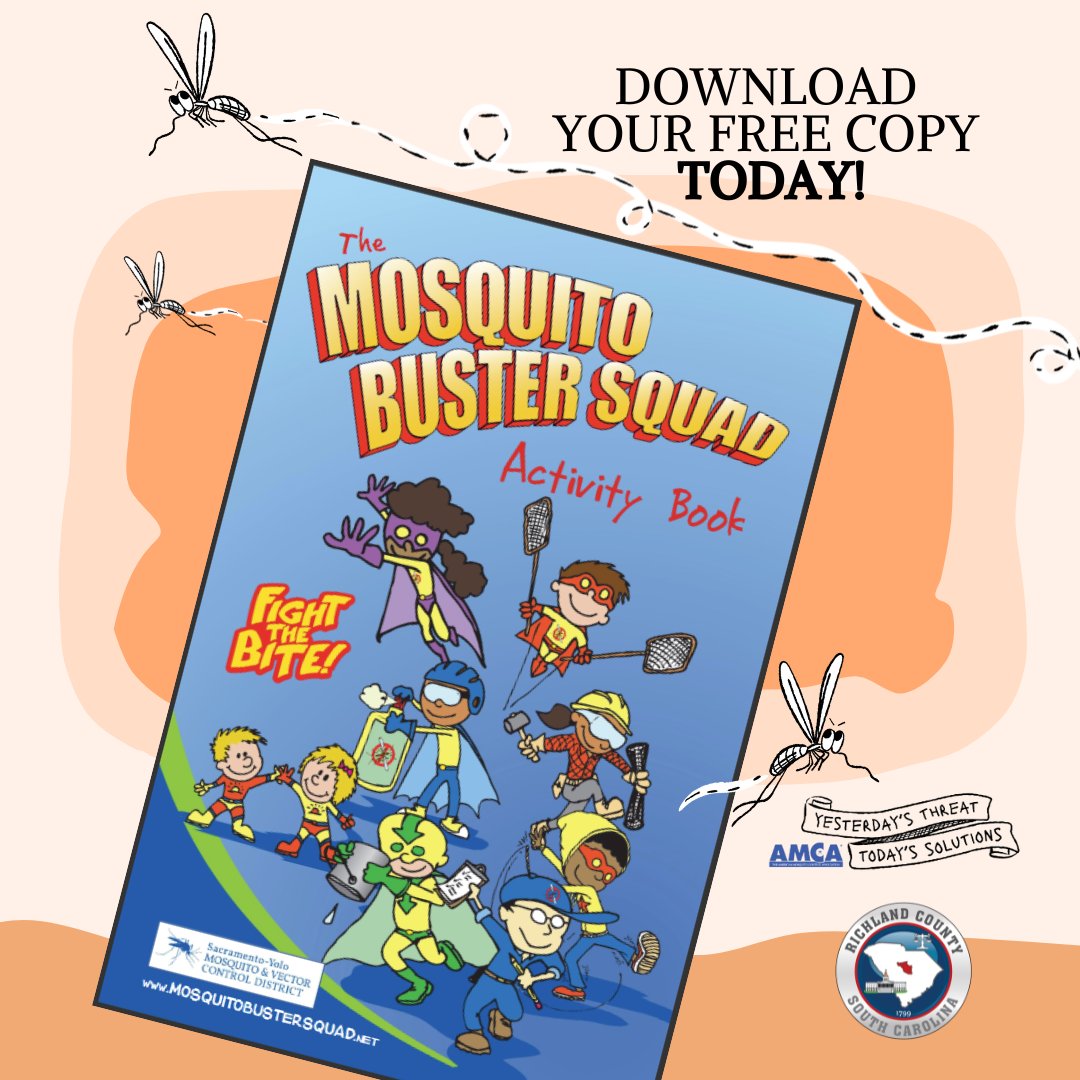 RichlandSC's tweet image. Kids can discover secrets to ridding the world of the disease-carrying mosquito as new recruits for the Mosquito Buster Squad!
Click this secret code to download a free copy of the Mosquito Buster Squad Activity Book: tinyurl.com/3c322pv9.
#MosquitoSeason #RichlandCountySC