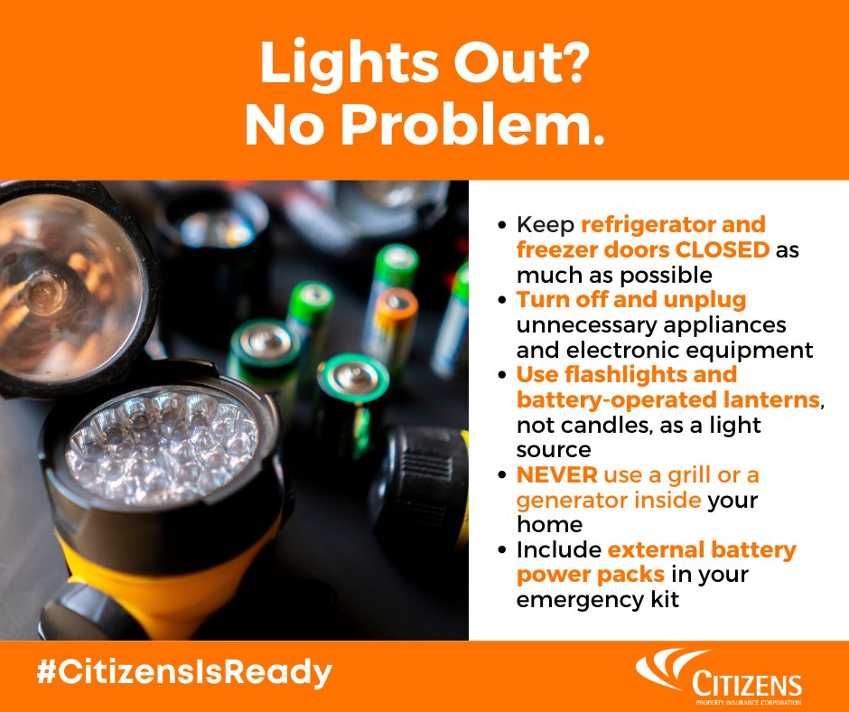 citizens_fla's tweet image. #CheckYourPrep: Keep your devices charged and a battery-powered radio handy throughout storm season. #BePrepared for power outages by having flashlights and battery-powered lanterns available throughout your house in easy to find spots when the power goes out. #CitizensIsReady