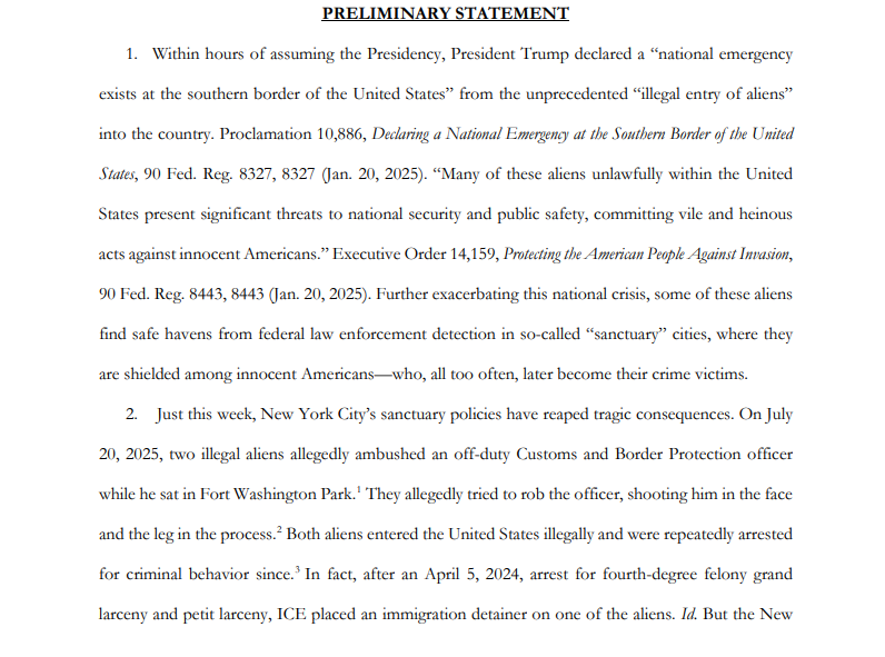 morganfmckay's tweet image. The DOJ is suing @NYCMayor, NYC Council Speaker @AdrienneEAdams, the City Council, the NYPD and more over the sanctuary city laws
"The impact of New York City’s Sanctuary Provisions has been profound and frequently puts ICE officers in considerable risk of physical danger"