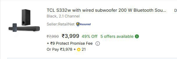 dealsnetoffer's tweet image. #Ad 
TCL S332w with wired subwoofer 200 W Bluetooth Soundbar Rs.3999

fkrt.cc/gmbaIdl 

 #FlipkartDeals
 
#TCLSoundbar #BudgetAudio