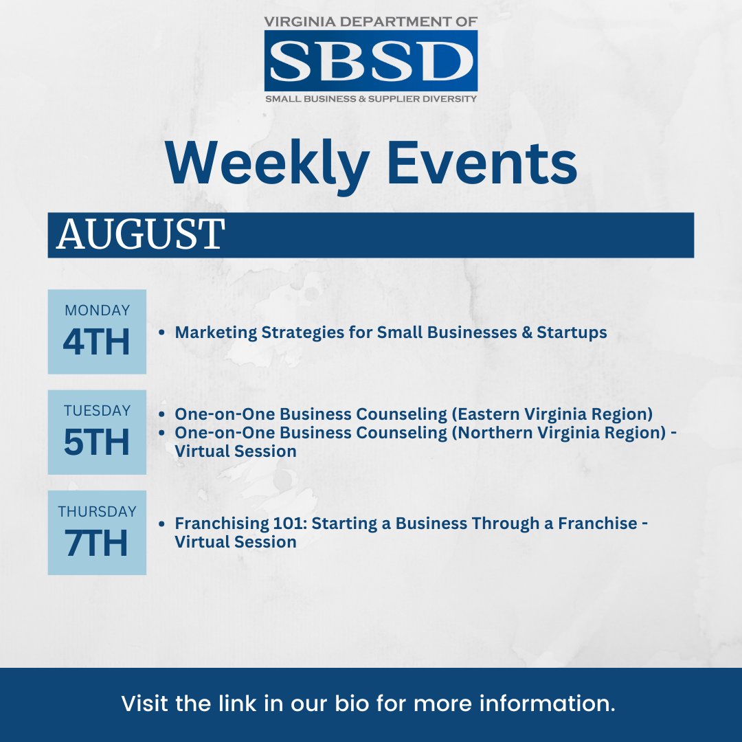 VA Dept. of Small Business and Supplier Diversity (@virginiasbsd) on Twitter photo Sign up to join us next week! eventbrite.com/o/sbsd-events-… Sign up to join us next week! eventbrite.com/o/sbsd-events-…