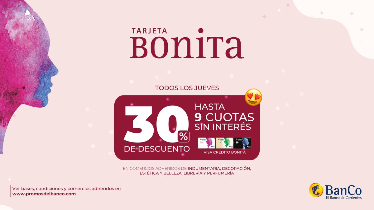 BancodeCtes's tweet image. Con Tarjeta Bonita, disfrutás de beneficios pensados para mimarte en esos locales que más te gustan: moda, deco, belleza, librería y más.

🎁 Porque consentirte también es parte del plan. ¿Ya sabés en qué vas a usarla este jueves? 😉