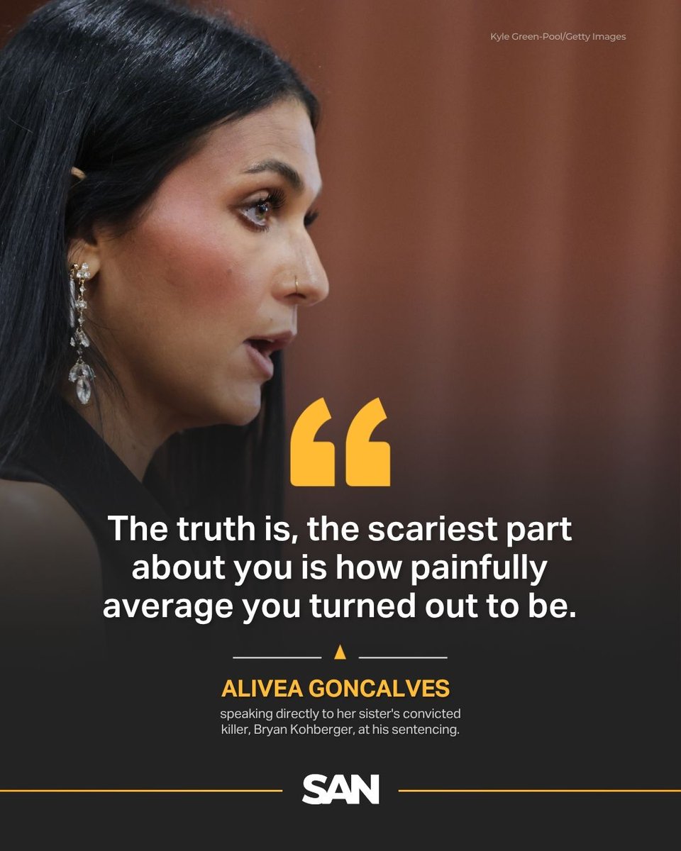 StraightArrow__'s tweet image. Alivea Gonclaves, sister of Idaho murder victim Kaylee Goncalves, delivered a powerful impact statement before Bryan Kohberger's sentencing.
"You want the truth. Here’s the one you’ll hate the most, if you hadn’t attacked them in their sleep .... Kaylee would have kicked your…