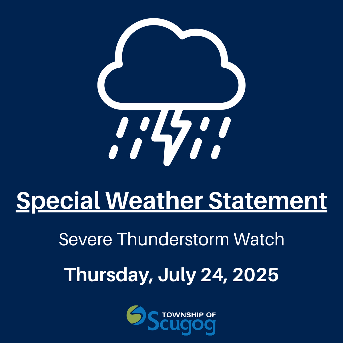 TwpofScugog's tweet image. Please be advised the Township of Scugog is under a Severe Thunderstorm Watch today.
We recommend preparing a Survival Kit in the event of storms; information for these can be found at scugog.ca/beprepared
The full weather notice can be found at weather.gc.ca