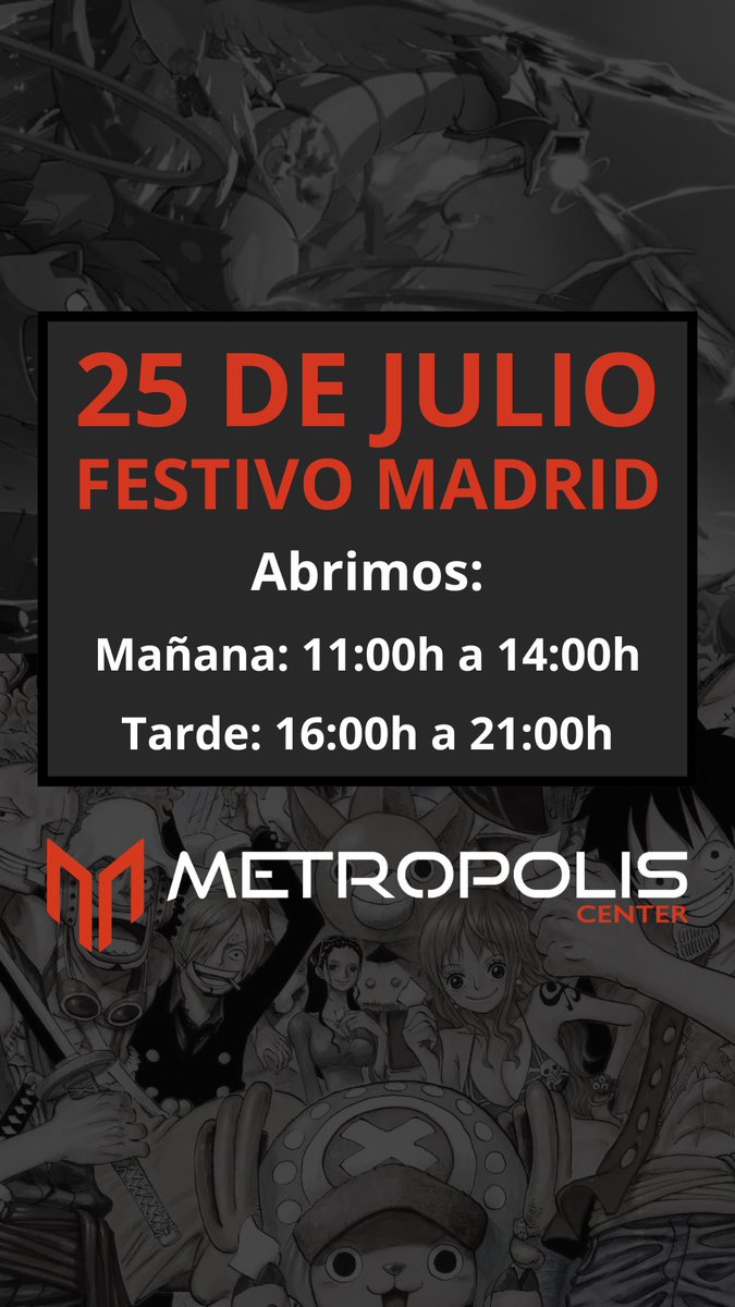 MetropolisCnter's tweet image. ‼️ Mañana 25 de Julio es festivo en Madrid.
➡️ Metropolis Center abrirá sus puertas por la mañana de 11:00h a 14:00h y de 16:00h a 21:00h