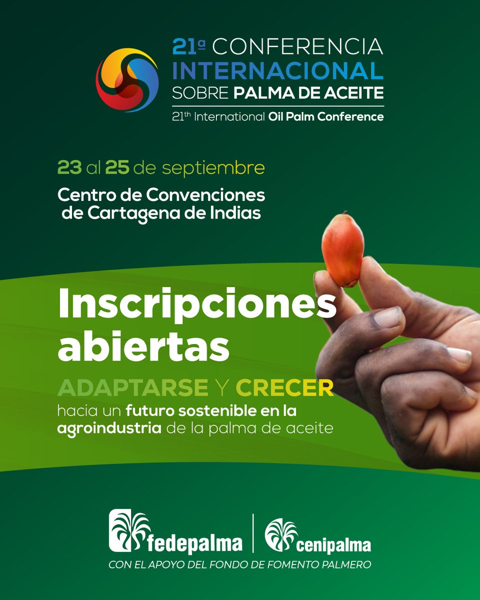 FedepalmaOrg's tweet image. La #21ConferenciaInternacional sobre Palma de Aceite se realizará del 23 al 25 de septiembre en Cartagena 🇨🇴, y es tu oportunidad para conectarte con expertos y líderes del sector.
Consulta las tarifas y asegura tu lugar en el evento 👉 fedepalma.org/conferenciaint…