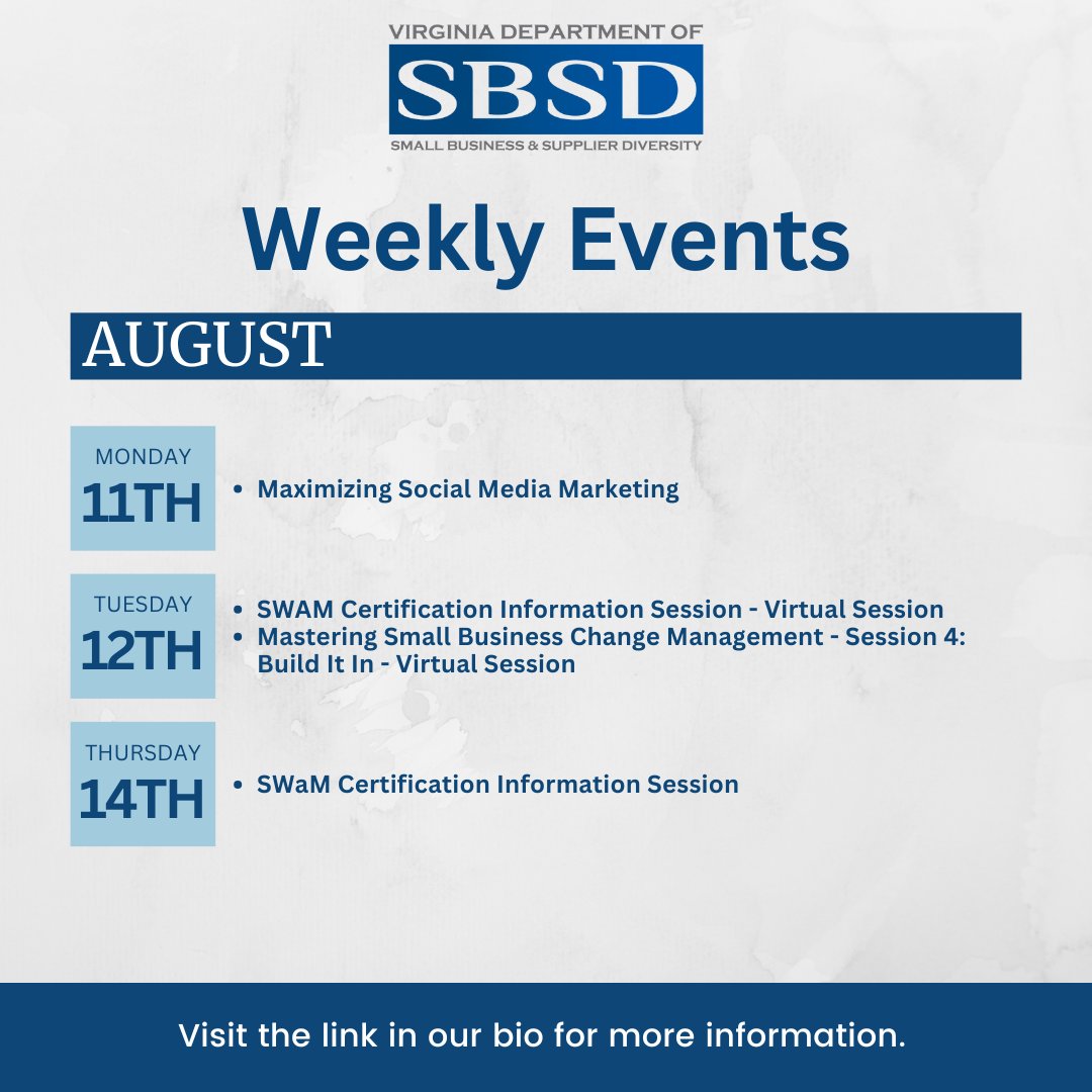 VA Dept. of Small Business and Supplier Diversity (@virginiasbsd) on Twitter photo Sign up to join us next week! eventbrite.com/o/sbsd-events-… Sign up to join us next week! eventbrite.com/o/sbsd-events-…