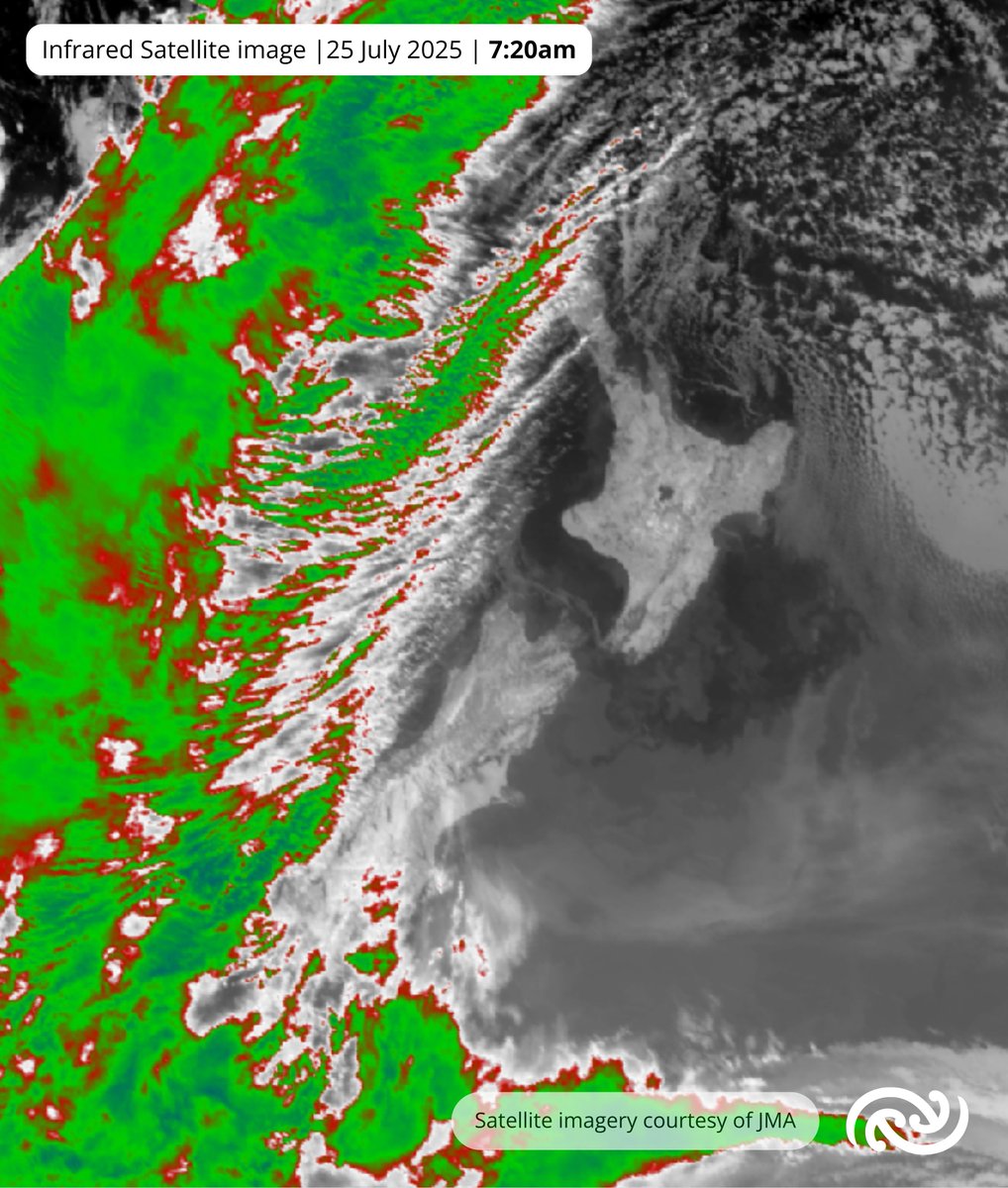 MetService's tweet image. ☀️Clear skies and freeeeezzzing🧊🥶 temperatures continue across the country, but cloud looms to the west.
This Infrared Satellite 🛰️📡 image shows most of the country is still in the clear this morning, however, thin wispy high cloud is sitting over parts of Northland, as well…