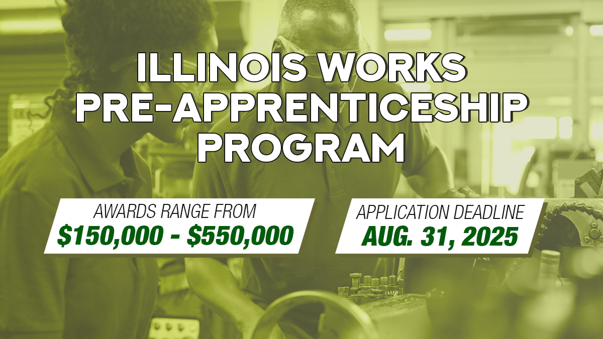 Illinois Works Pre-Apprenticeship grants help connect residents to good-paying careers in the trades. Schools, nonprofits and community organizations can apply for up to $550,000 by 5 p.m. on Aug. 31 to support pre-apprenticeship training across the state. bit.ly/3TSPmfR