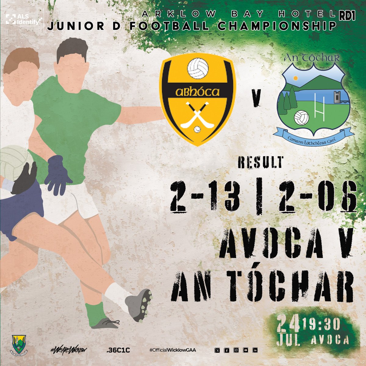wicklowgaa's tweet image. ALS Identify Junior D Football Championship Round 1
Result
Avoca 2-13
An Tóchar 2-06
#officialwicklowgaa #WicklowGAA #wearewicklow #36C1C #alsidentify