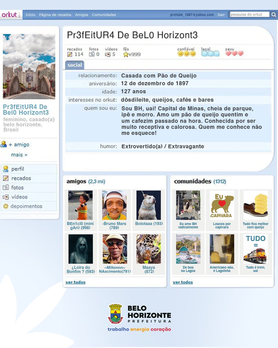 prefeiturabh's tweet image. O TOPO É MEU! 🔝
Se o Orkut voltar mesmo, pode deixar que o perfil da PBH já tá prontinhoo 🤣
E aí, qual comunidade não pode faltar no seu perfil?