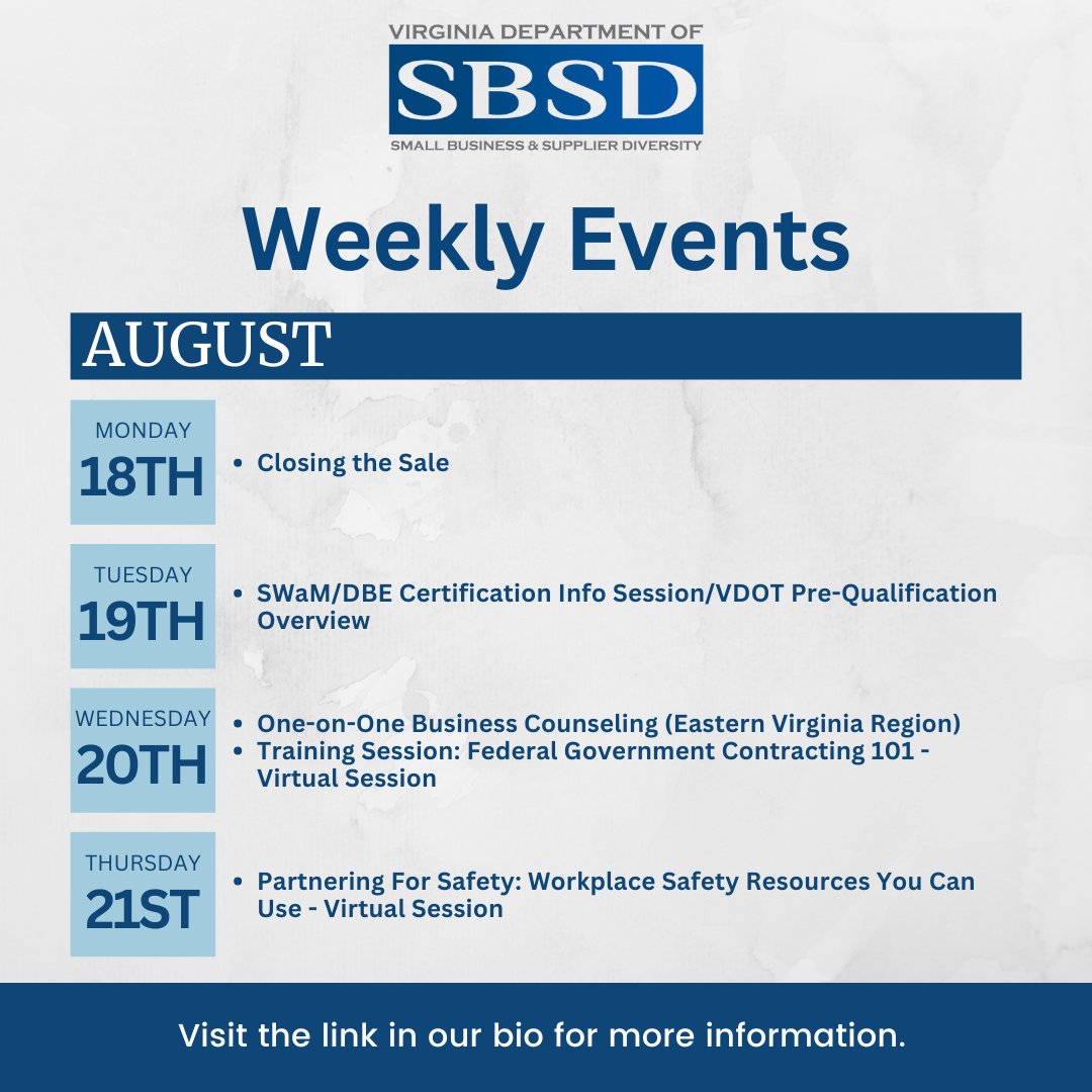VA Dept. of Small Business and Supplier Diversity (@virginiasbsd) on Twitter photo Sign up to join us next week! eventbrite.com/o/sbsd-events-… Sign up to join us next week! eventbrite.com/o/sbsd-events-…