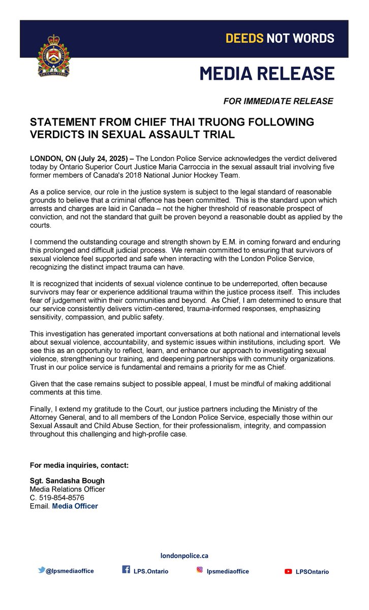 LPSChiefTruong's tweet image. The London Police Service acknowledges the verdict delivered today by Ontario Superior Court Justice Maria Carroccia in the sexual assault trial involving five former members of Canada's 2018 National Junior Hockey Team.
As a police service, our role in the justice system is…
