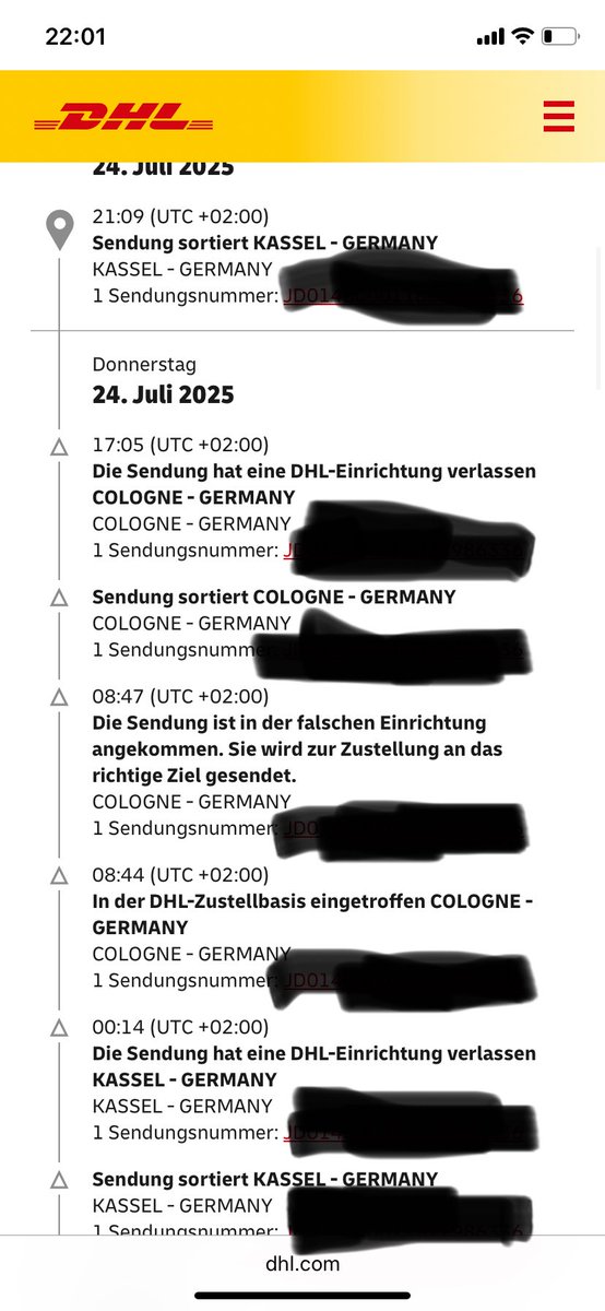 Hallo <a href="/DHLPaket/">DHL Paket</a> , ist es normal, dass mein Paket seit Tagen zwischen England, Kassel und Köln hin und her gefahren wird, obwohl es eigentlich an niederländische Grenze muss?