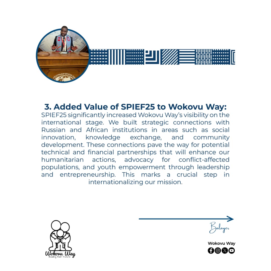 wokovuwayNGO's tweet photo. #SPIEF25 Debrief
Following his active participation in the 28th St. Petersburg International Economic Forum, our Executive Director, @albagula will be sharing key lessons, connections, and insights gained to inspire and strengthen community resilience in crisis-affected areas. https://t.co/uROBmdbqzu