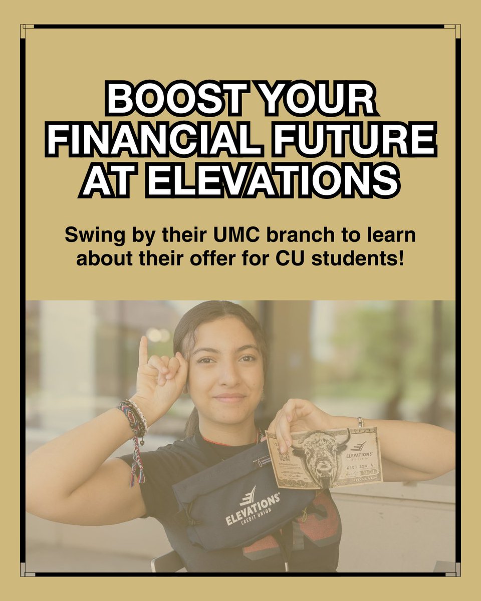 CUBoulderLife's tweet image. 🪙 Your journey to building a Buff-strong financial future starts with a Buff One Checking account from @ElevationsCU!
💳 Visit them at their UMC branch to learn more about their offer for CU students: bit.ly/4l0ncec