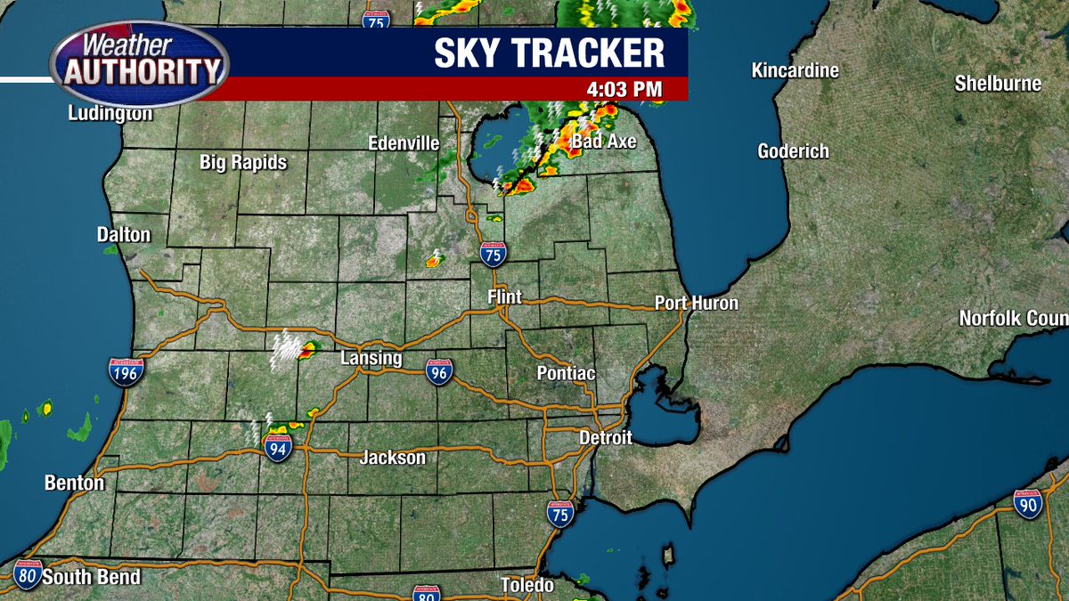 4:04 PM Weather Radar Update...  Watching storms over the northern "Thumb"... also west of Jackson and Lansing.