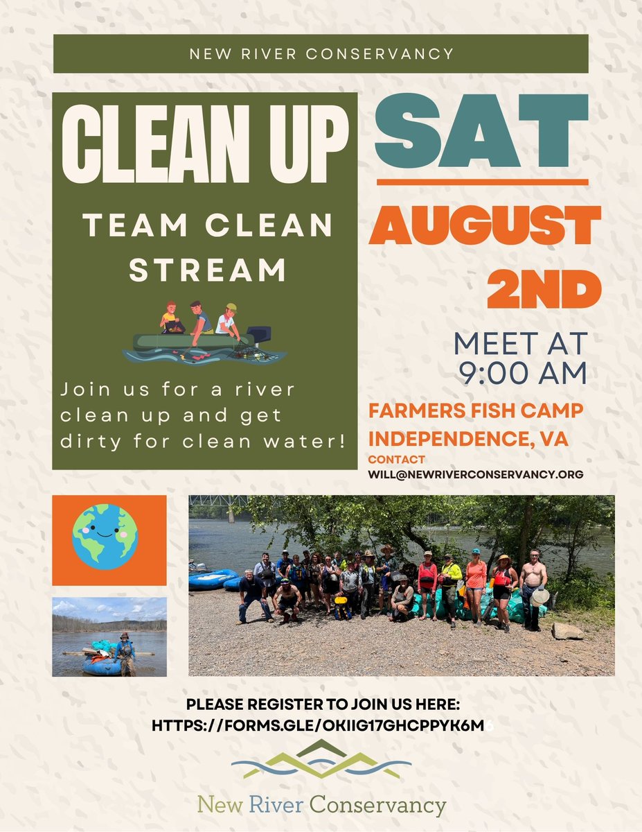 NewRiverConserv's tweet photo. Want to do more for the New River Watershed?  Join us for an upcoming clean up! We're looking for a few more volunteers for our clean up at Farmers Fish Camp in Independence, Virginia on August 2.  Register here: https://t.co/OautDPhQTZ https://t.co/P9oMIrY0dd